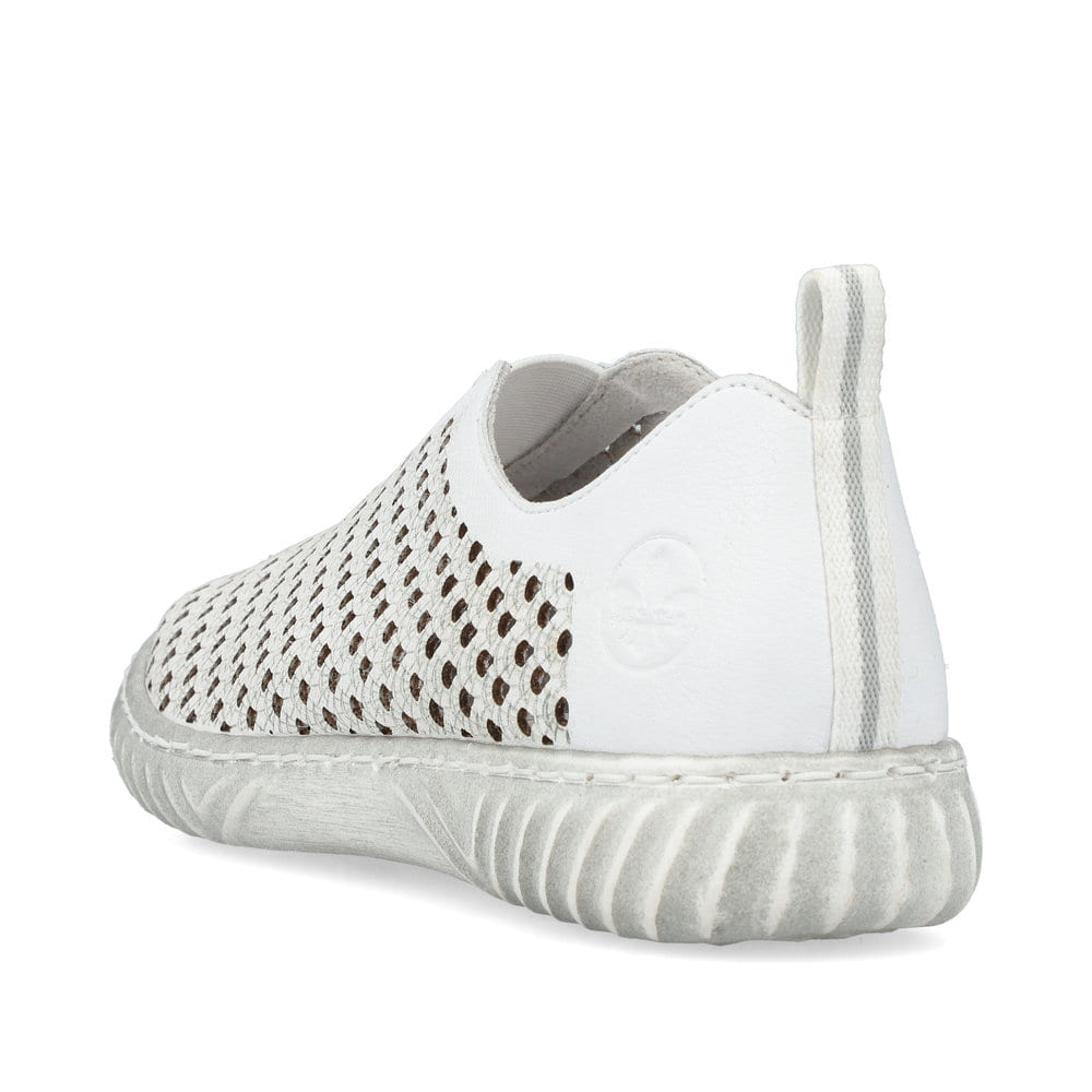 Chaussons Rieker blancs pour femme N0965-80 en optique Ã  trous. Chaussure vue de l'arrière.