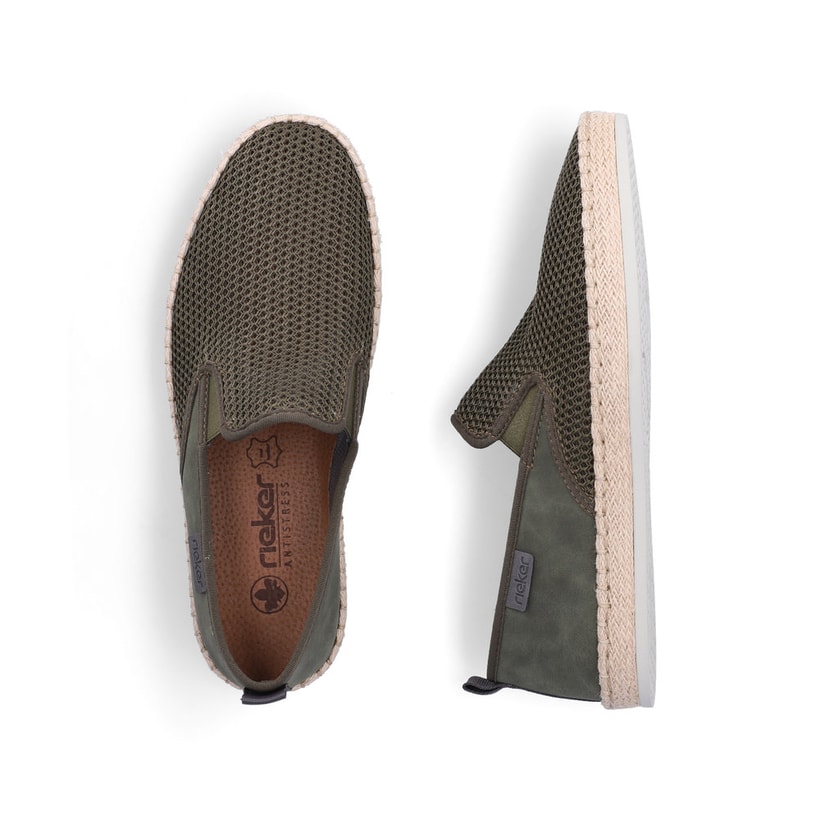 Mocassins Rieker verts pour homme B2661-54 avec bande élastique. Chaussure vue de dessus, couchée.