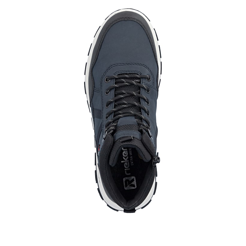 Dunkelblau-schwarze Rieker Herren Schnürstiefel B8120-14 mit Reißverschluss. Schuh von oben.