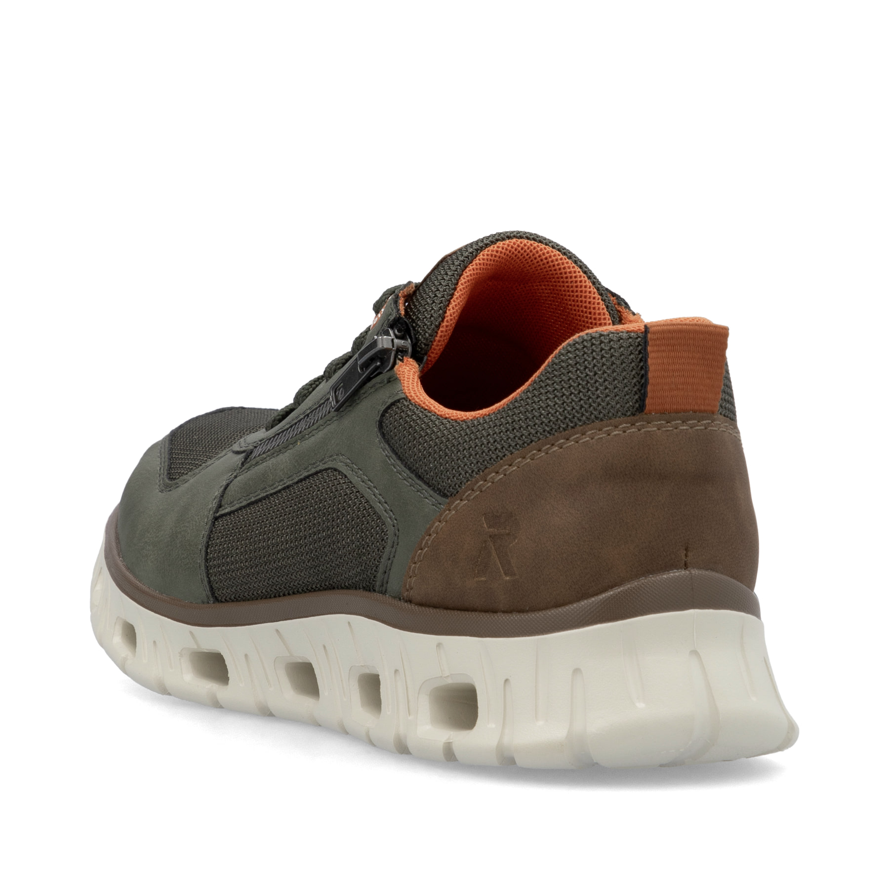 Grüne Rieker Herren Sneaker Low 04301-54 mit einem Reißverschluss. Schuh von hinten.