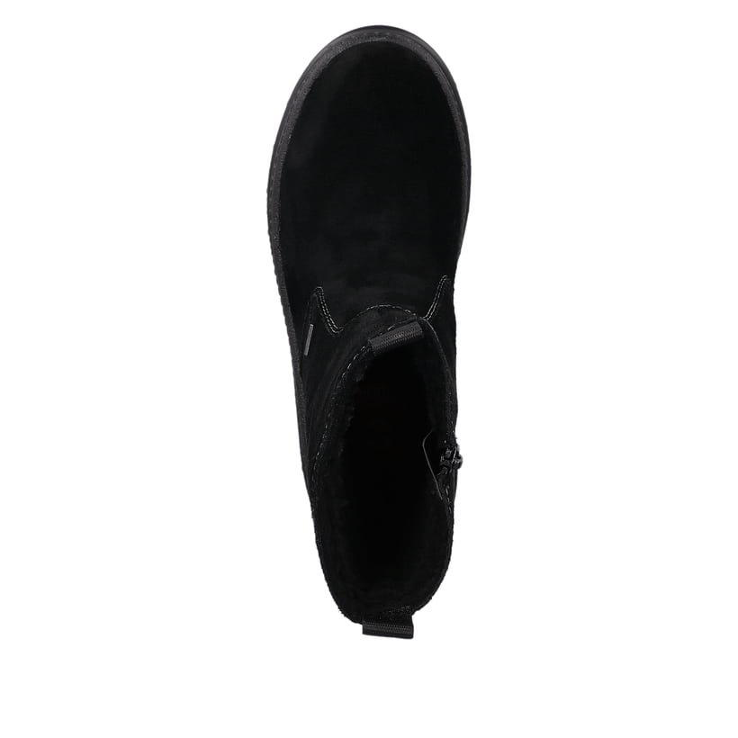 Tiefschwarze Rieker Damen Kurzstiefel X8250-00 mit Flip-Grip Sohle. Schuh von oben.