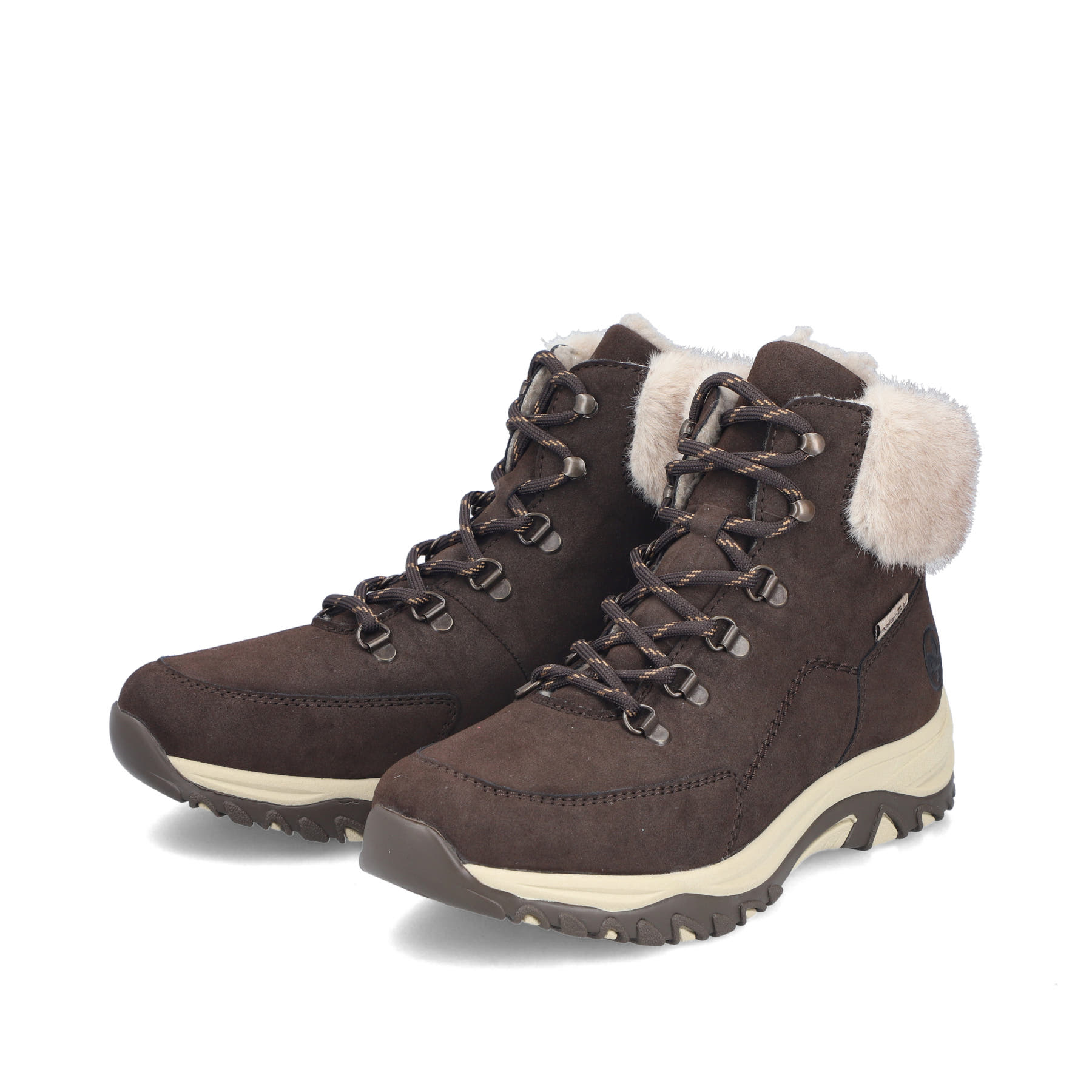 Dunkelbraun-beige Rieker Damen Schnürstiefel M9610-25 mit weichem Kragen. Schuhpaar seitlich schräg.
