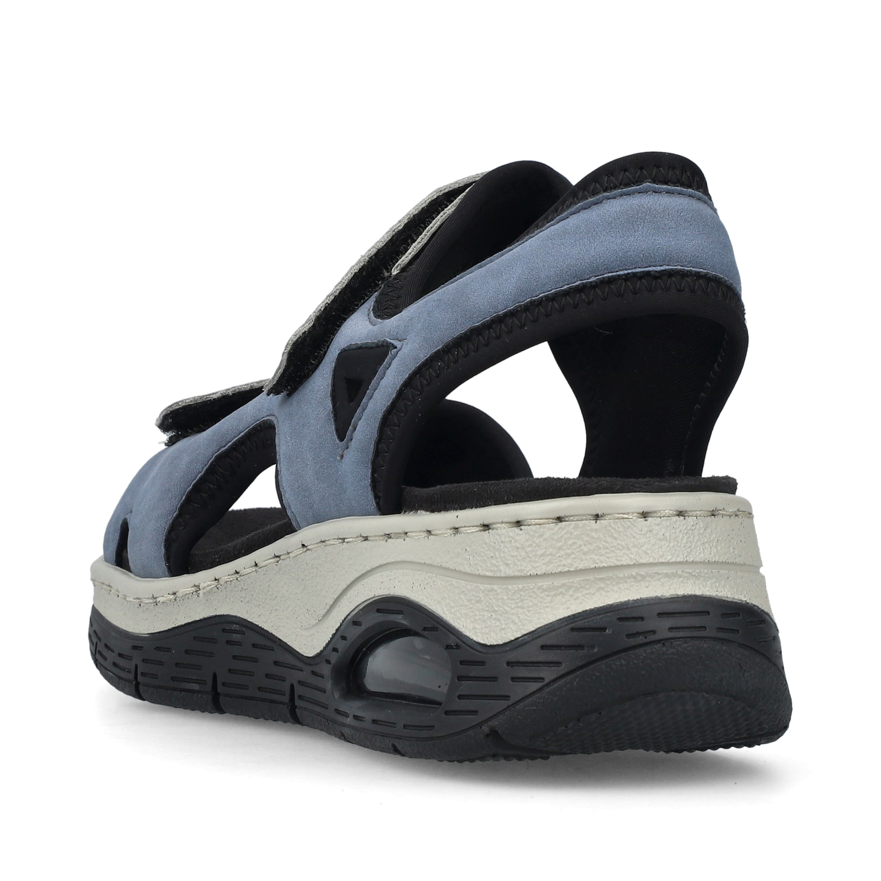 Blaue vegane Rieker Damen Trekkingsandalen 67666-10 mit Rieker Air Sohlenfenster. Schuh von hinten.