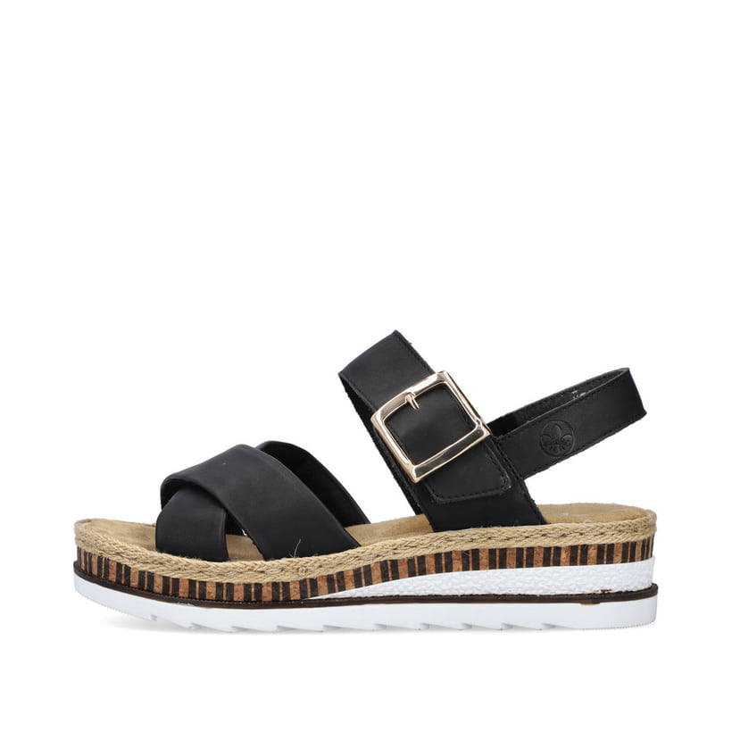 Graphitschwarze Rieker Keilsandaletten V7951-01 mit einem Klettverschluss. Schuh Außenseite.