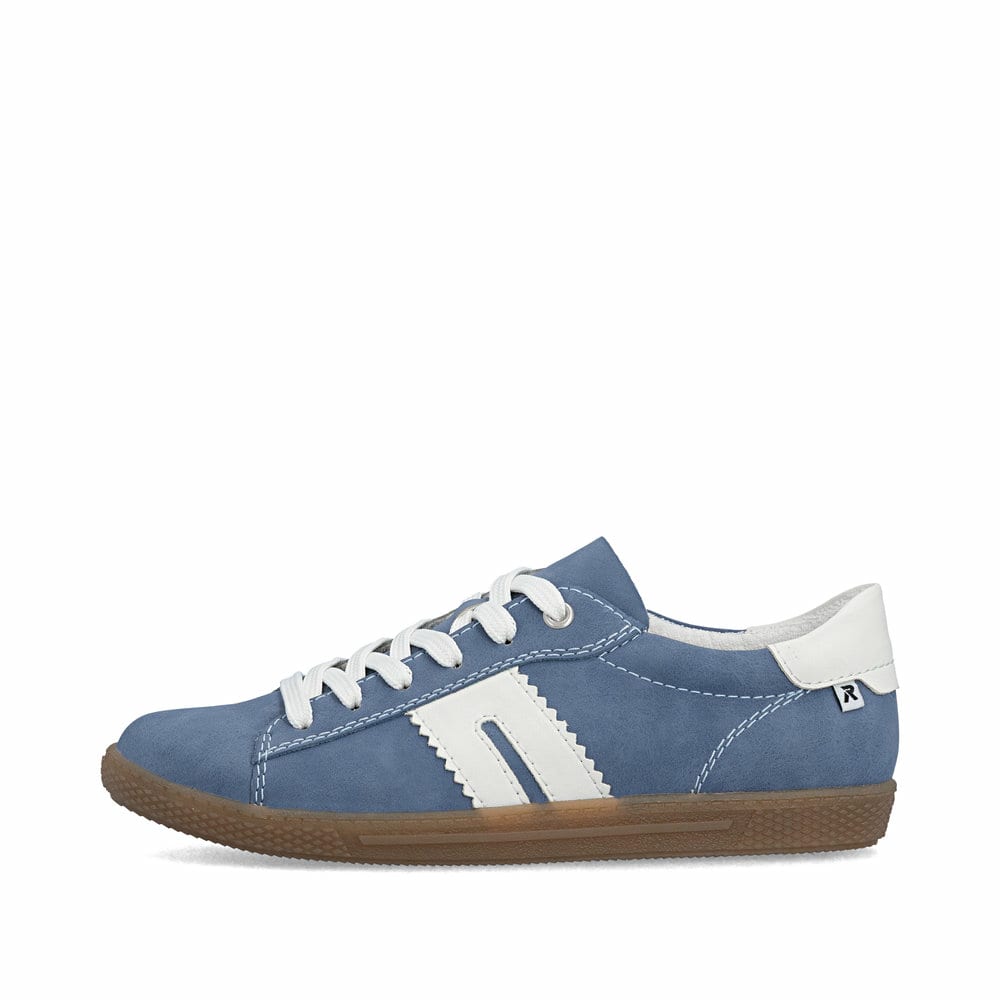 Baskets basses Rieker bleues pour femme L9702-14 avec lacets. Côté extérieur de la chaussure.