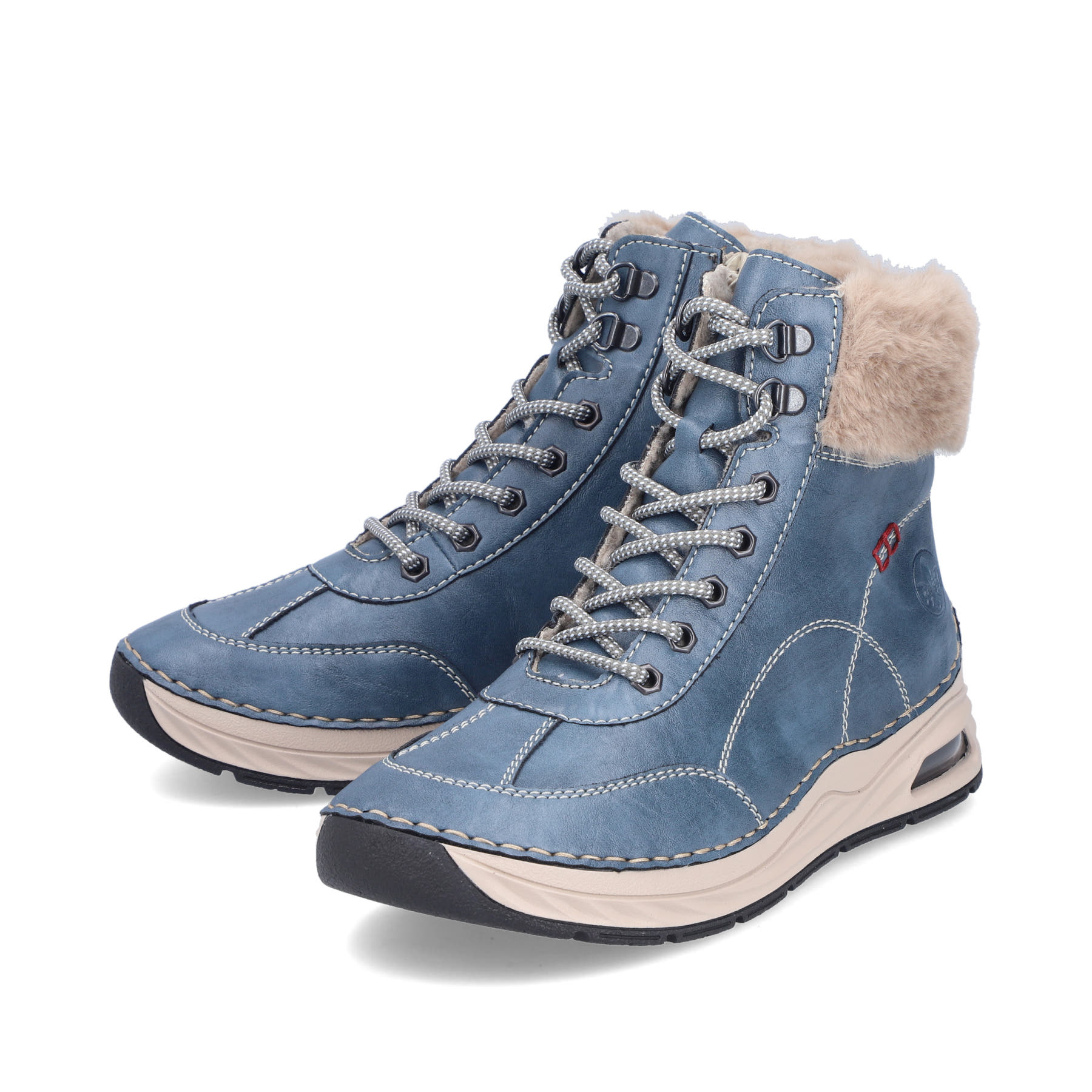 Blaubeige Rieker Damen Schnürstiefel 44530-14 mit Rieker Air Sohlenfenster. Schuhpaar seitlich schräg.