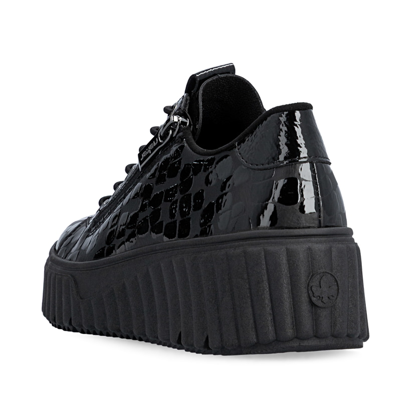 Schwarze Rieker Damen Sneaker Low N2555-02 mit einem Reißverschluss. Schuh von hinten.