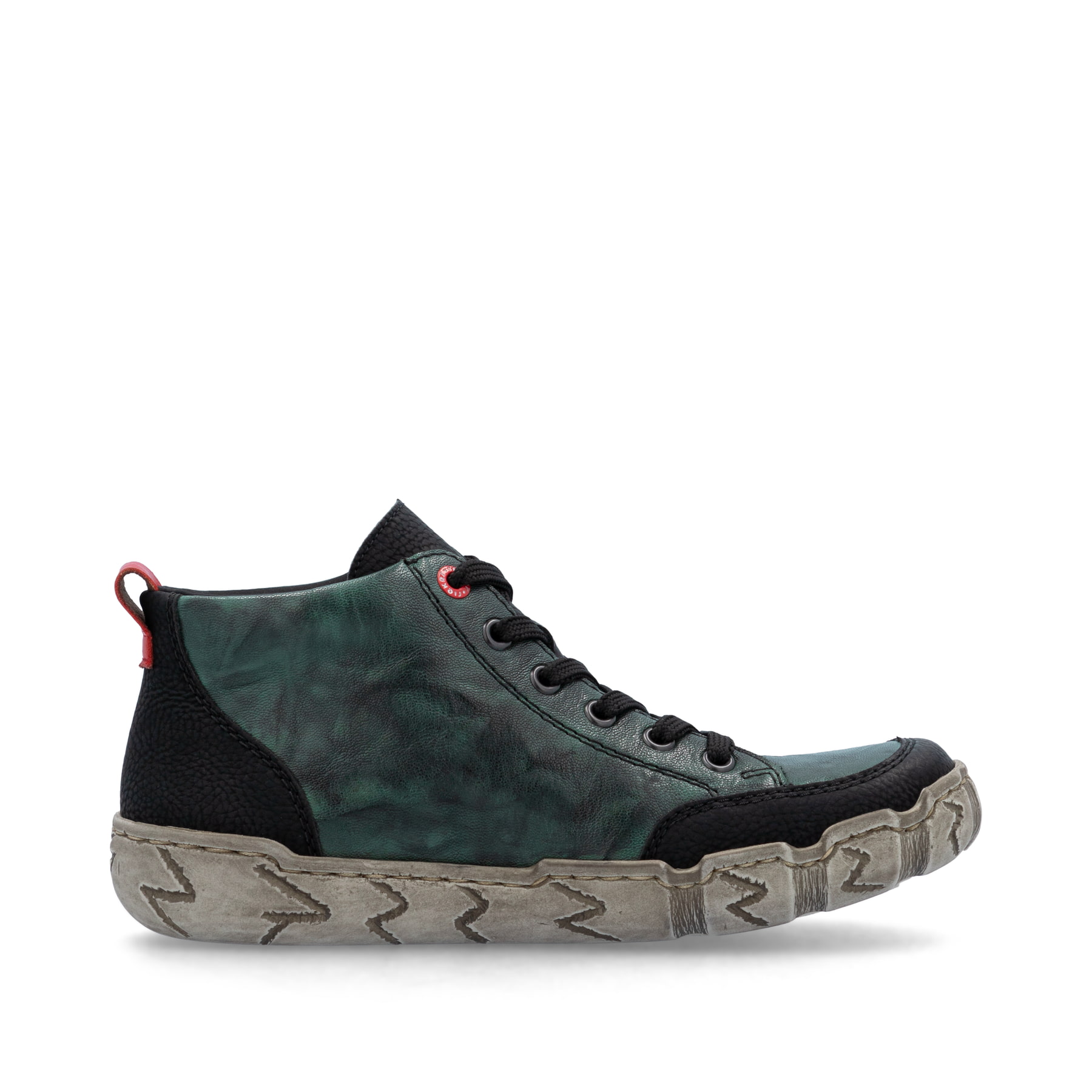 Grünschwarze Rieker Damen Kurzstiefel L0306-54 aus Glattleder mit rundem Logo. Schuh Innenseite.