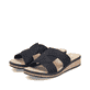 Schwarze Rieker Damen Pantoletten V3669-00 mit einer schockabsorbierenden Sohle. Schuhpaar seitlich schräg.