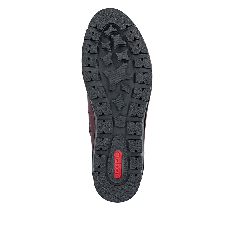Weinrote Rieker Damen Kurzstiefel X9165-35 mit einem Reißverschluss. Schuh Laufsohle.