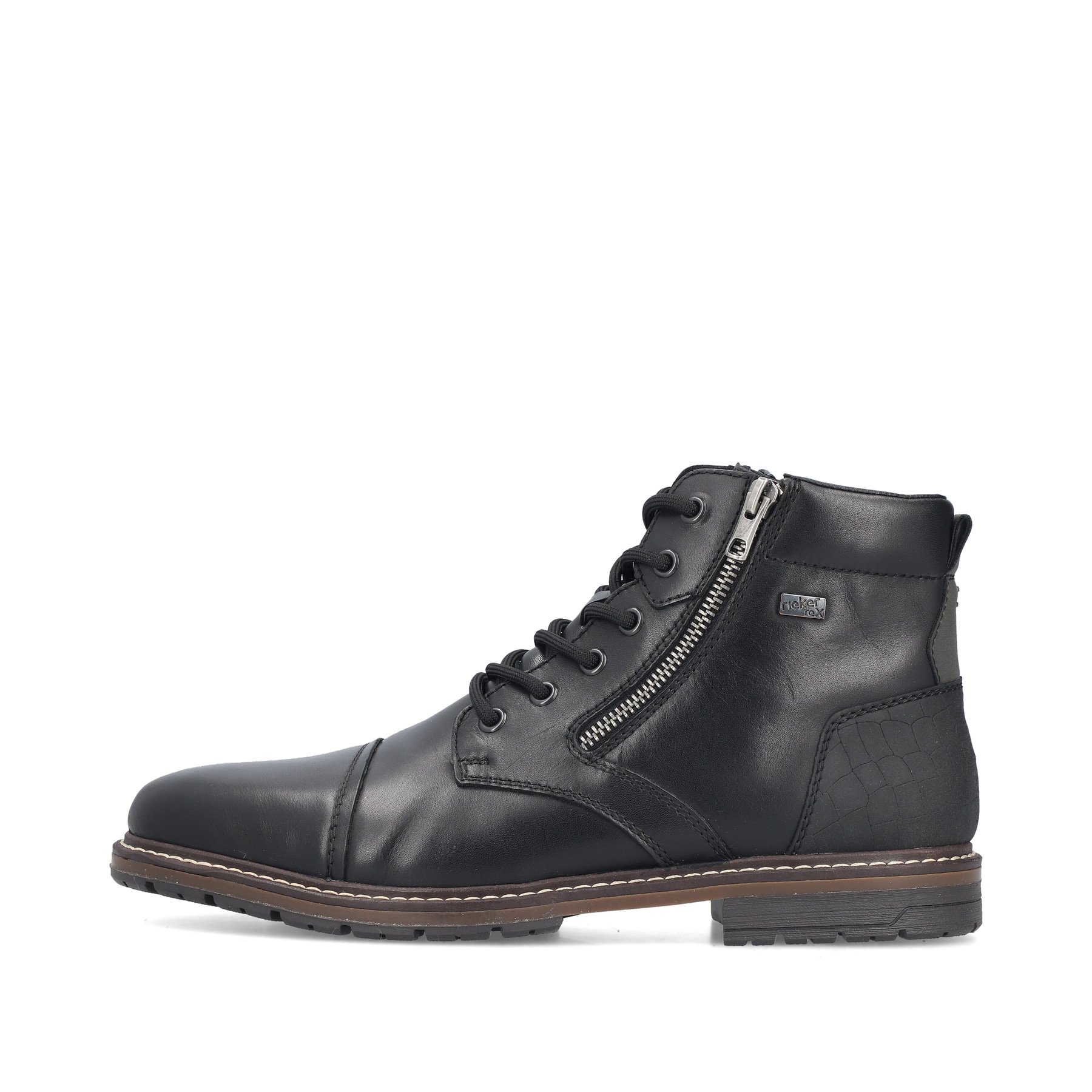Bottes à lacets Rieker noires pour homme 13704-00 en cuir lisse. Côté extérieur de la chaussure.