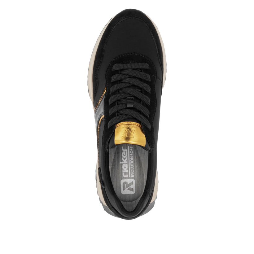 Baskets basses Rieker noires pour femme W1302-00 avec semelle durable. Chaussure vue de dessus.
