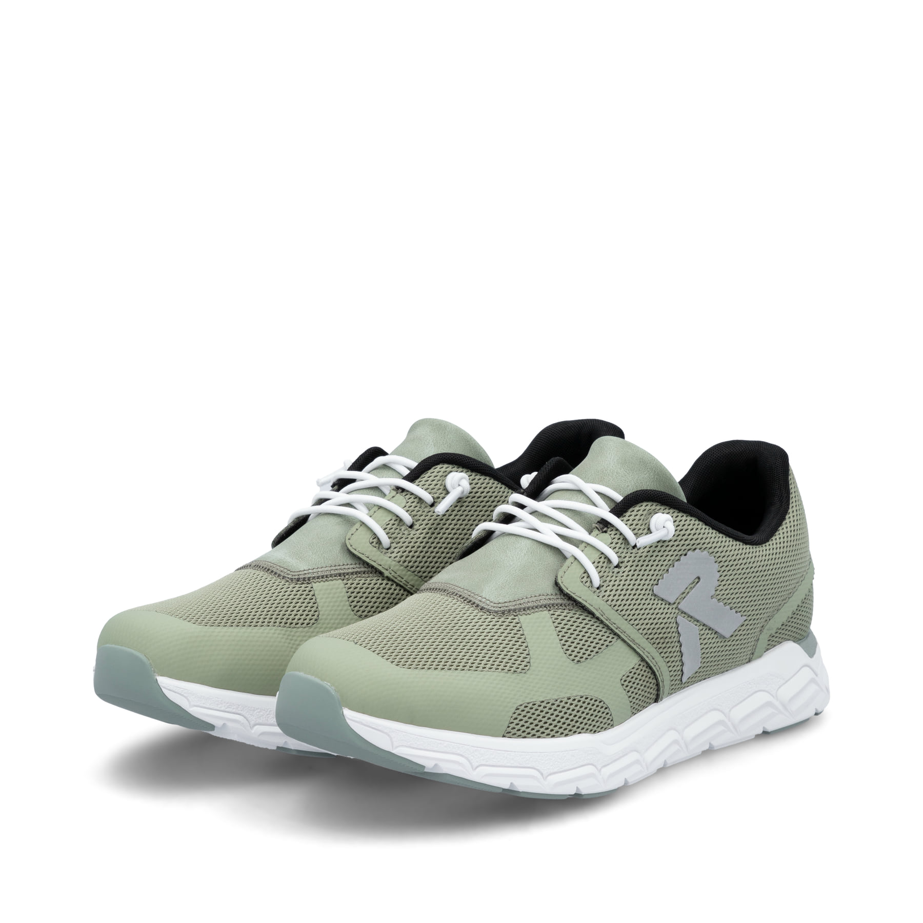 Grüne Rieker Damen Sneaker Low M9000-52 mit Gummischnürung sowie flexibler Sohle. Schuhpaar seitlich schräg.