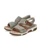 Khakifarbene Rieker Damen Riemchensandalen 66280-52 mit einem Klettverschluss. Schuhpaar seitlich schräg.
