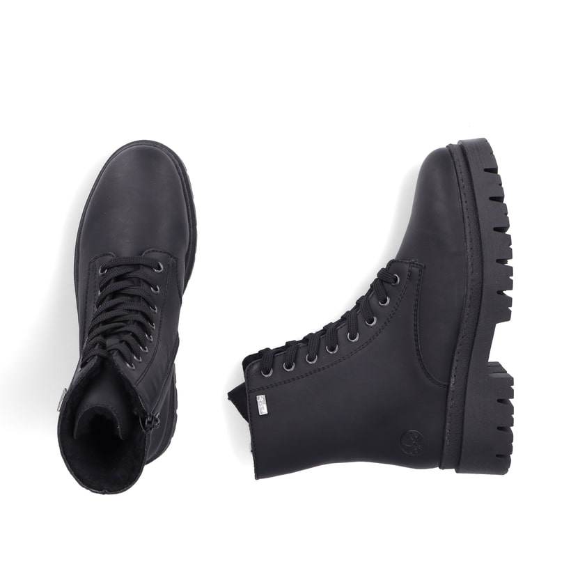 Schwarze Rieker Damen Biker Boots Z9447-00 mit wasserabweisender TEX-Membran. Schuh von oben, liegend.