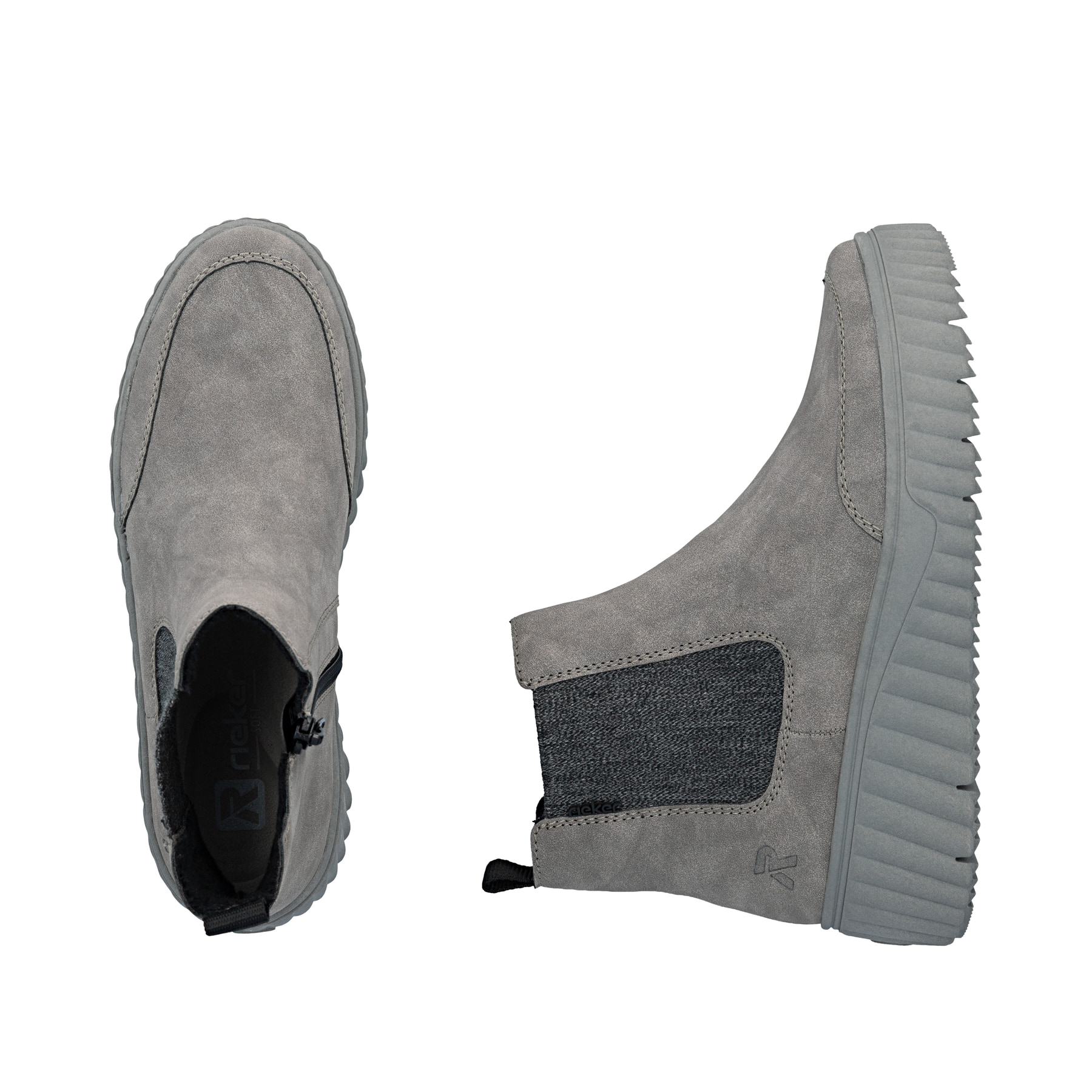 Dunkelgraue Rieker Damen Chelsea Boots N2553-40 mit einem Reißverschluss. Schuh von oben, liegend.