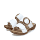 Weiße Rieker Damen Pantoletten 60894-80 mit trendigen Schnalle. Schuhpaar seitlich schräg.