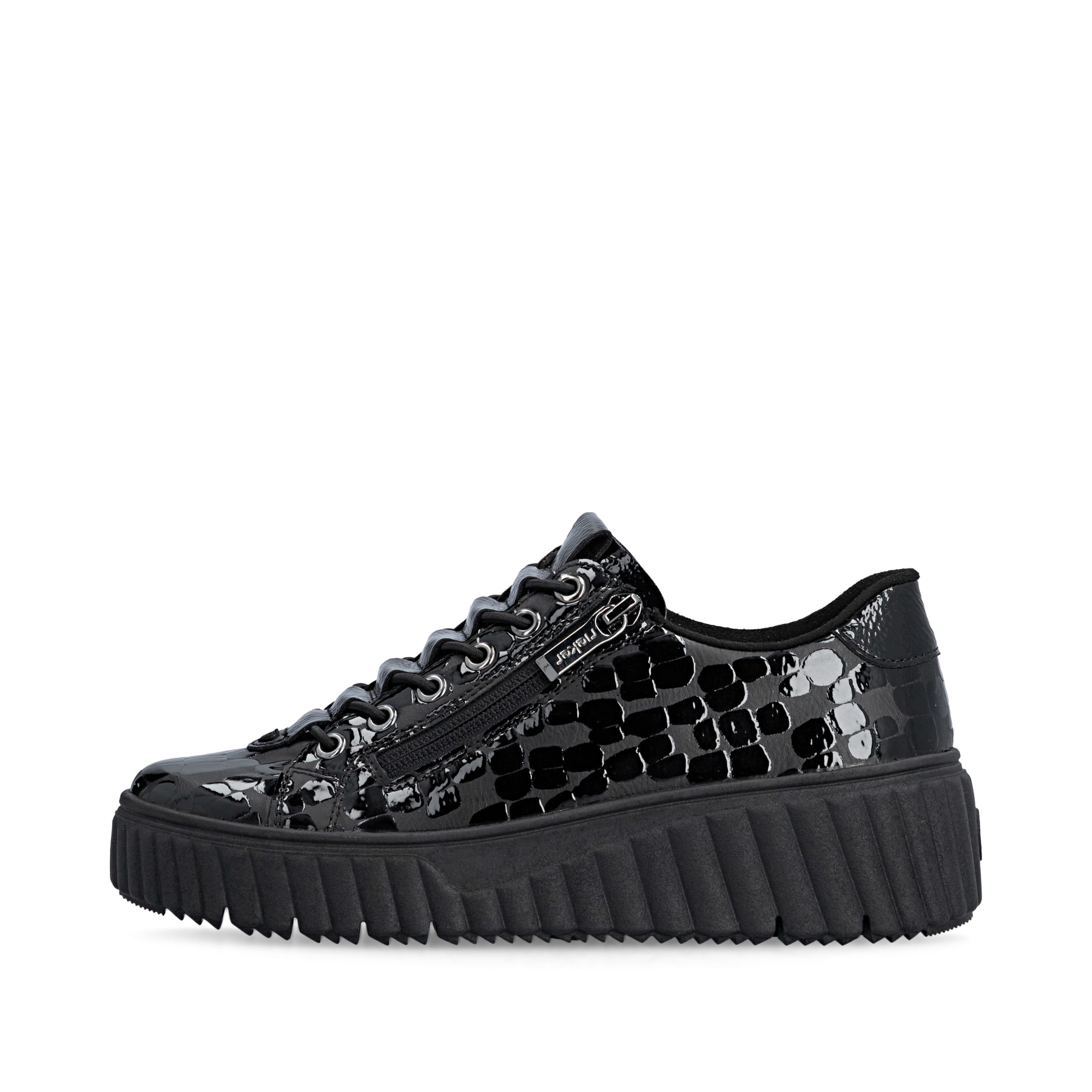 Schwarze Rieker Damen Sneaker Low N2555-02 mit einem Reißverschluss. Schuh Außenseite.