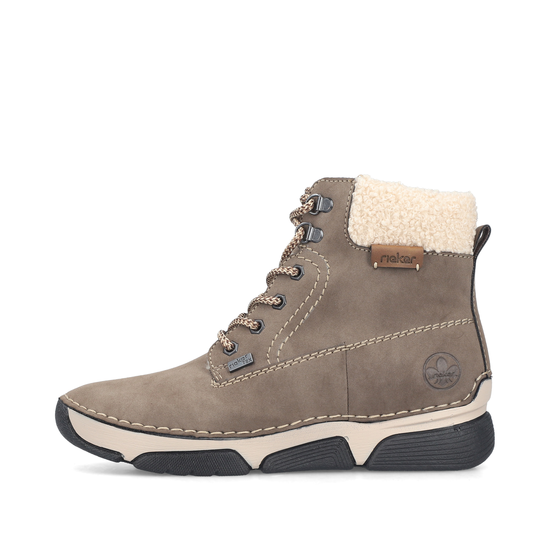 Grau-beige Rieker Damen Schnürstiefel 45925-25 mit wasserabweisender TEX-Membran. Schuh Außenseite.
