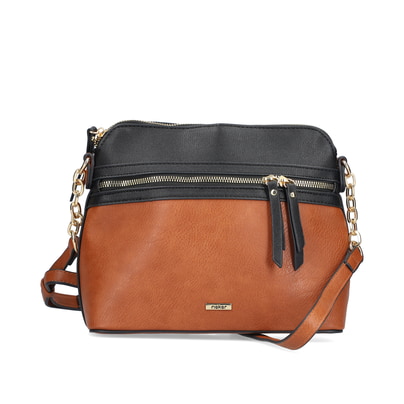 Rieker Handtasche H1652-22 in Braun mit zeitlosem Black-Brown-Design, Reißverschluss und Handyfach. Vorderseite.