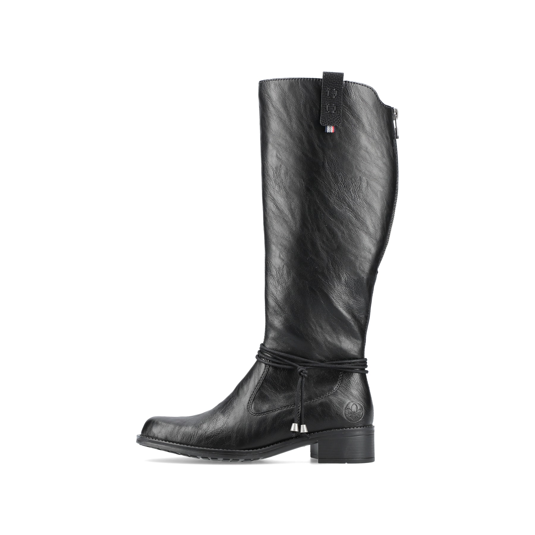 
Tiefschwarze Rieker Damen Hochschaftstiefel Z7361-00 mit einer robusten Profilsohle. Schuh Außenseite
