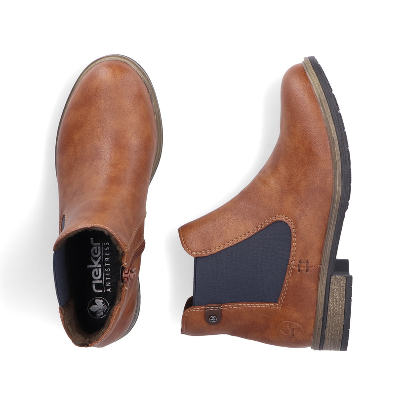 Zimtfarbene Rieker Damen Chelsea Boots 72254-24 mit einem Reißverschluss. Schuh von oben, liegend.