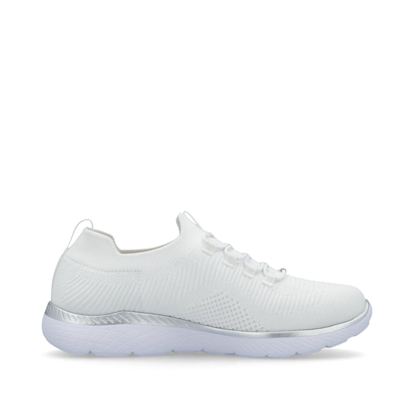 Weiße Rieker Damen Slipper M5074-80 mit Gummizug sowie einer ultraleichten Sohle. Schuh Innenseite.