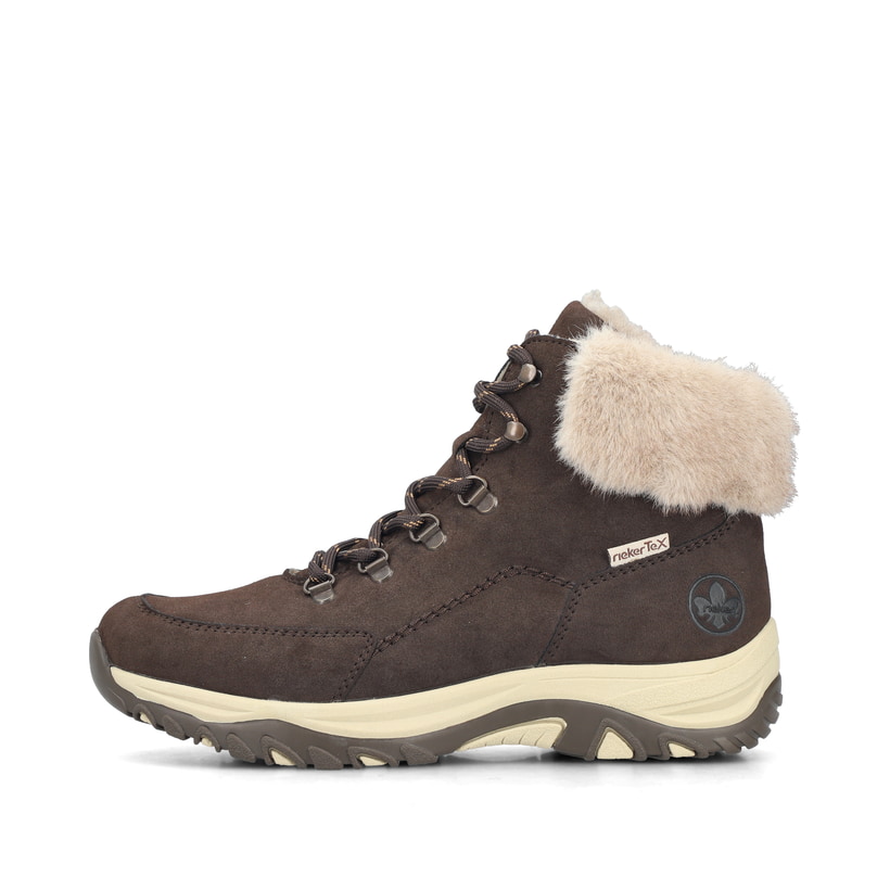 Dunkelbraun-beige Rieker Damen Schnürstiefel M9610-25 mit weichem Kragen. Schuh Außenseite.