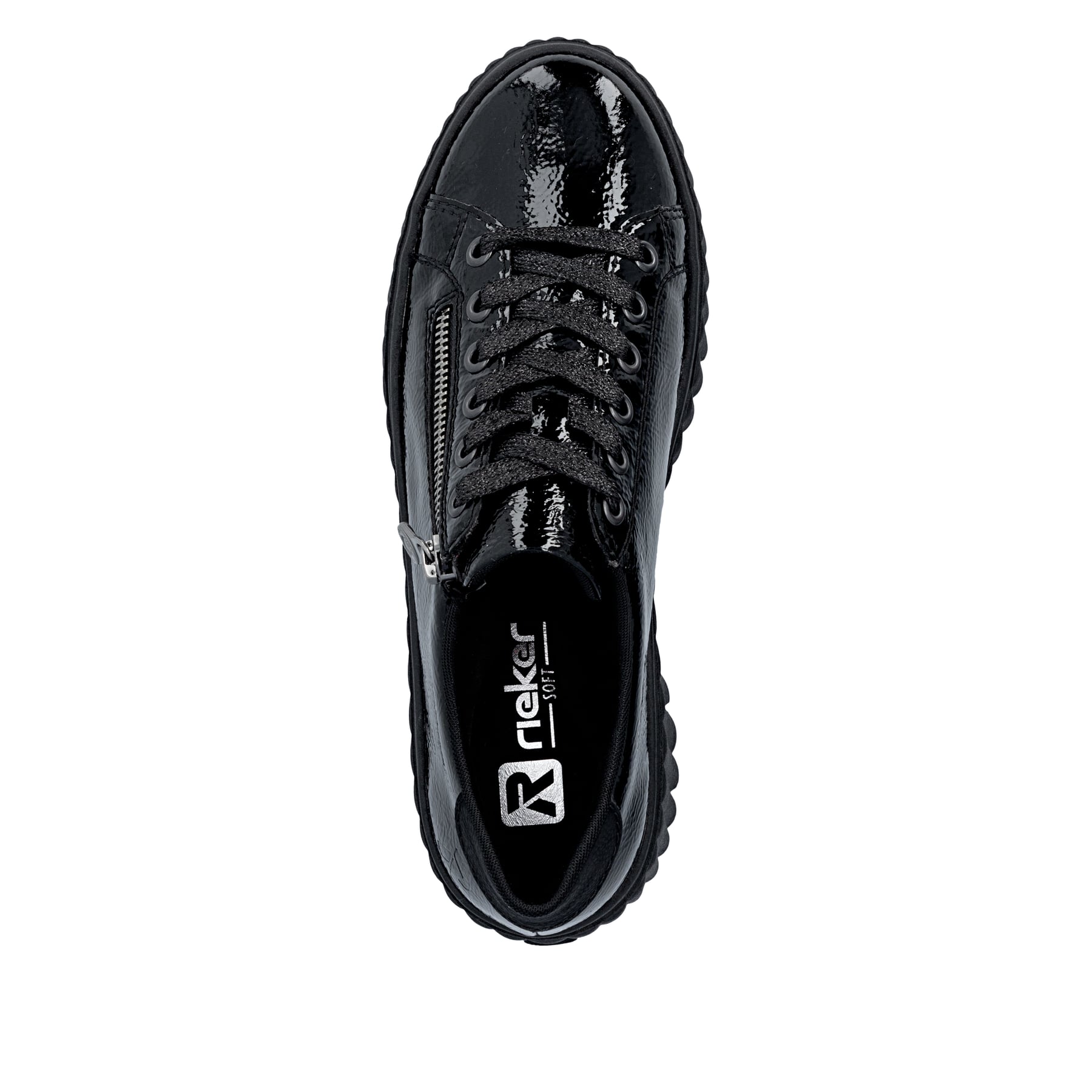 Baskets basses Rieker noires pour femme N2501-00 en cuir verni. Semelle extérieure de la chaussure.