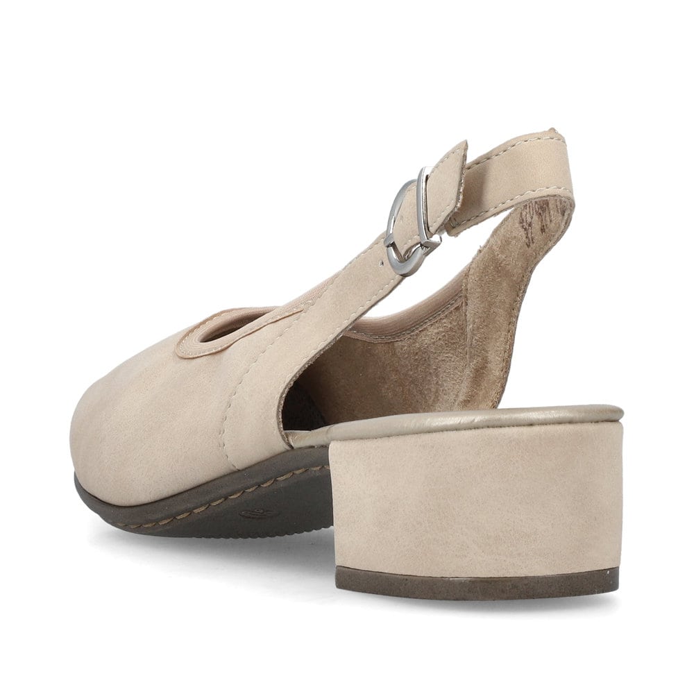 Beige Rieker Slingpumps 47060-62 mit Schnalle sowie einer leichten Sohle. Schuh von hinten.