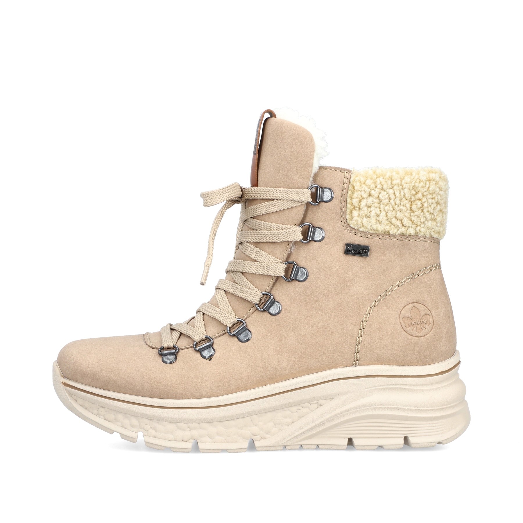 Beige Rieker Damen Schnürstiefel 48034-20 mit einer ultra leichten Plateausohle. Schuh Außenseite.