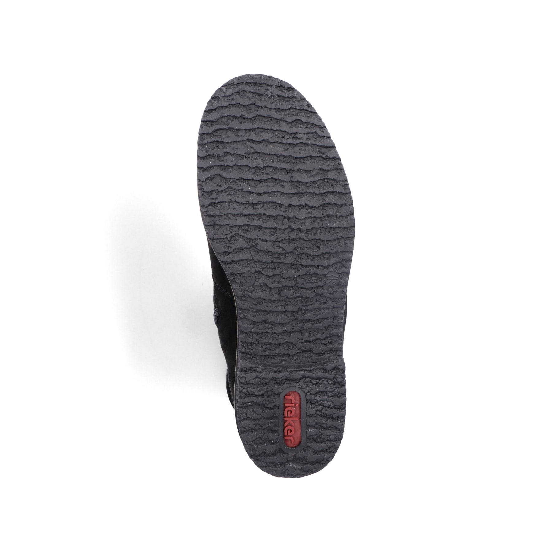Graphitschwarze Rieker Damen Kurzstiefel 73560-00 mit einer robusten Profilsohle. Schuh Laufsohle