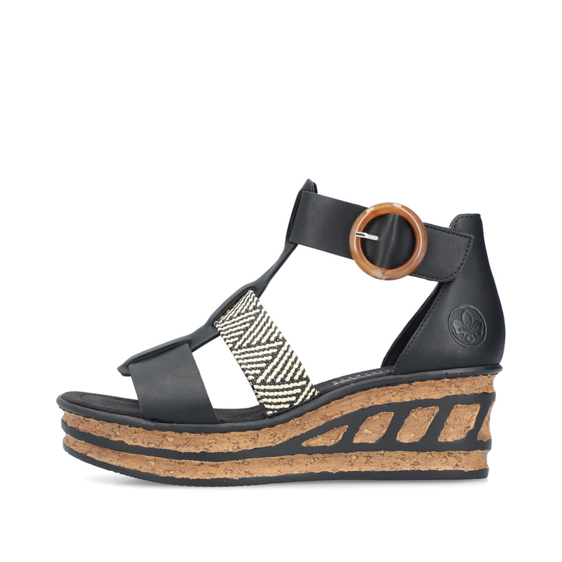 Schwarze Rieker Keilsandaletten 68182-00 mit trendigen Schnalle. Schuh Außenseite.