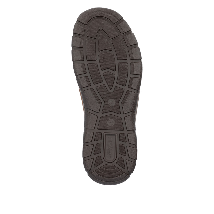 Mocassins  Rieker marron pour hommes 03650-24 avec élastiques et en largeur extra H. Vue semelle extérieure de la chaussure.