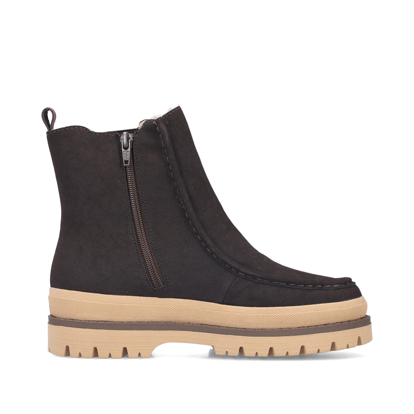 Dunkelbraun-beige Rieker Damen Chelsea Boots Y6272-25 mit einem Reißverschluss. Schuh Innenseite.