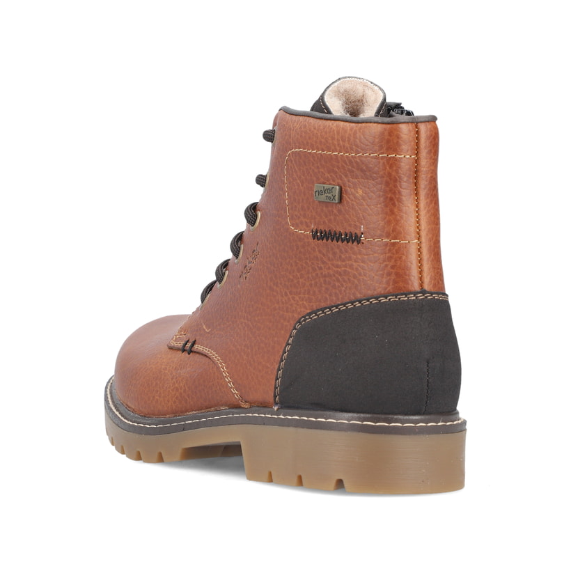 Fuchsbraune Rieker Herren Schnürstiefel 39820-22 mit griffiger Fiber-Grip Sohle. Schuh von hinten.