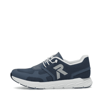 Blaue Rieker Damen Sneaker Low M9000-12 mit Gummischnürung sowie flexibler Sohle. Schuh Außenseite.