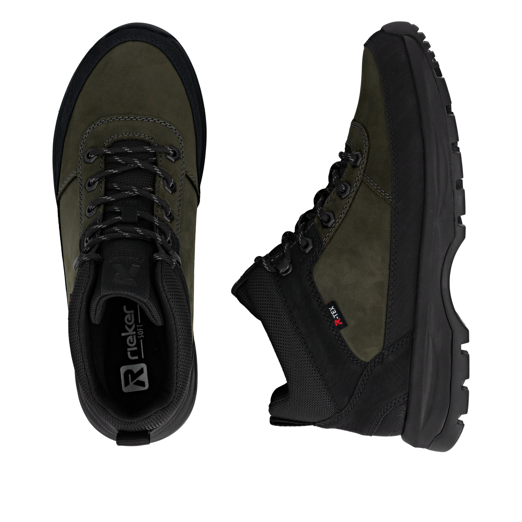 Grüne Rieker Herren Schnürstiefel U1670-54 mit wasserabweisender TEX-Membran. Schuh von oben, liegend.