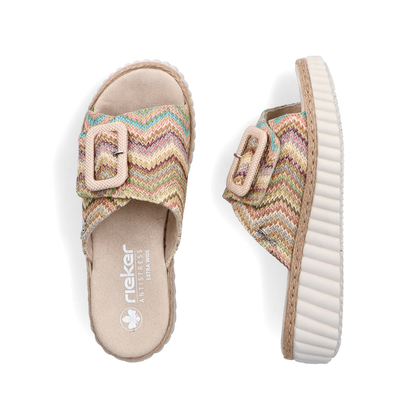 Mehrfarbige Rieker Damen Pantoletten 69253-91 mit trendigen Schnalle. Schuh von oben, liegend.