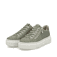 Grüne Rieker Damen Sneaker Low M1952-52 mit einem Reißverschluss. Schuhpaar seitlich schräg.