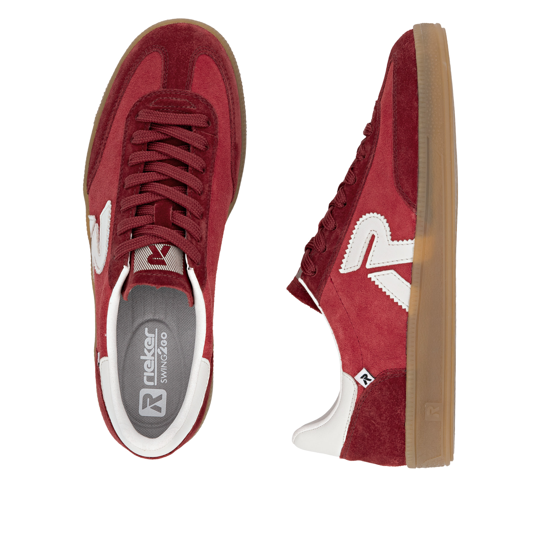Baskets basses Rieker rouges pour femme W2200-33 avec lacets. Chaussure vue de dessus, couchée.