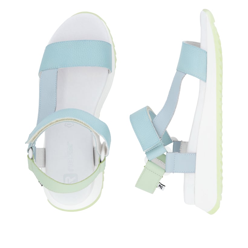 Blaue Rieker Damen Trekkingsandalen W2951-10 mit einem Klettverschluss. Schuh von oben, liegend.