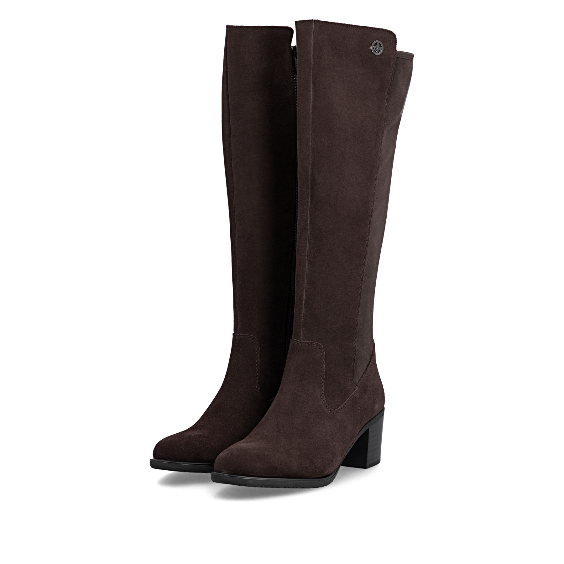 Dunkelbraune Rieker Damen Hochschaftstiefel Y2050-25 mit einem Reißverschluss. Schuhpaar seitlich schräg.
