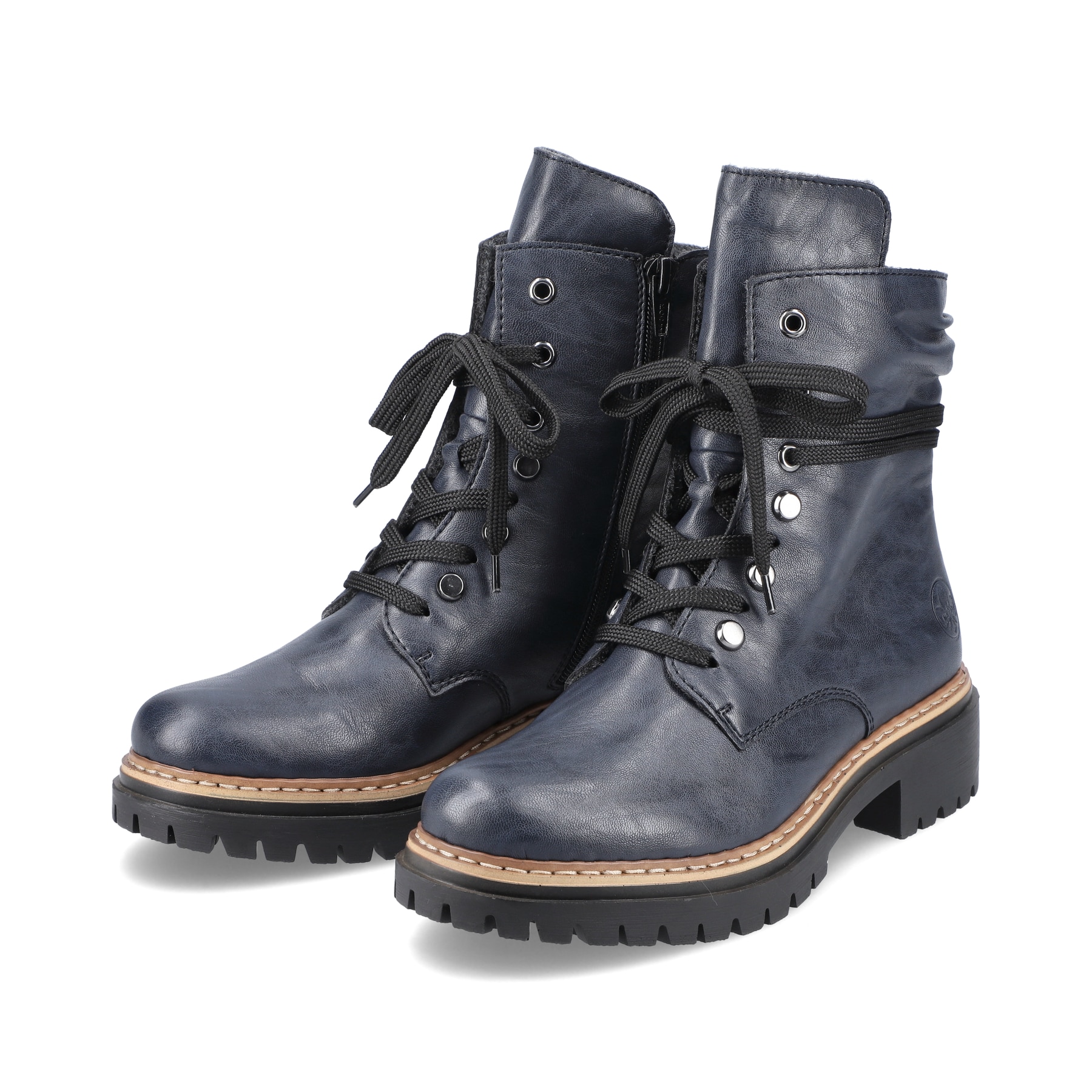 Königsblaue Rieker Damen Biker Boots 72621-14 mit Schnürung und Reißverschluss. Schuhpaar schräg.