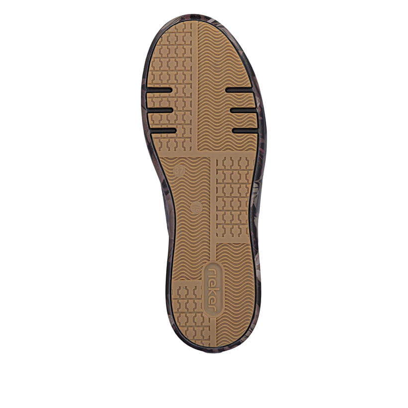 Dunkelbraun-schwarze Rieker Damen Sneaker Low M7711-26 mit floralem Aufdruck. Schuh Laufsohle.