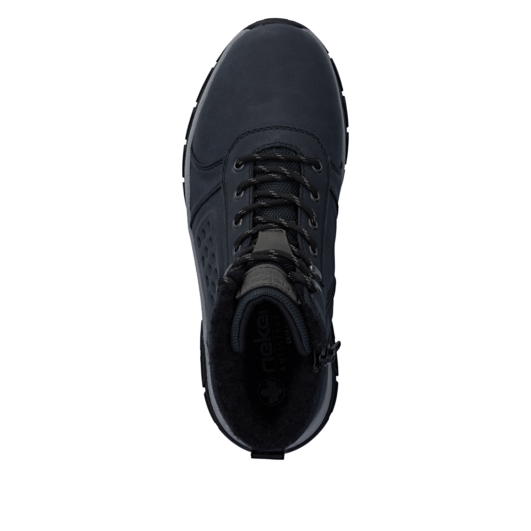 Dunkelblau-schwarze Rieker Herren Schnürstiefel 30201-14 mit Reißverschluss. Schuh von oben.