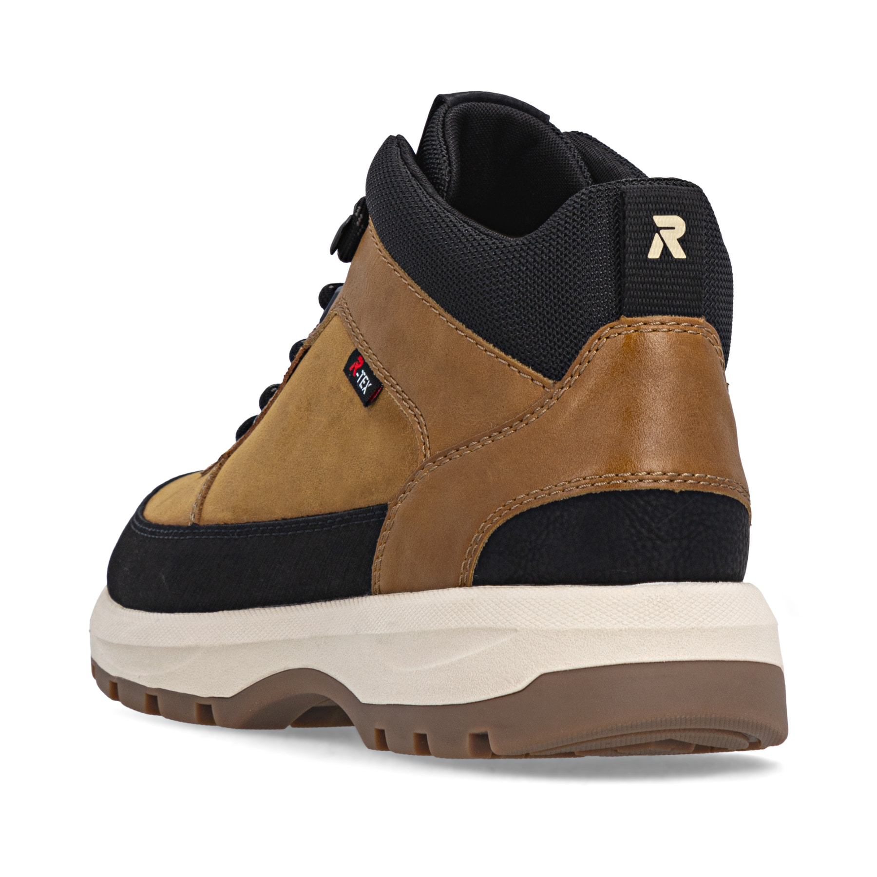 Goldgelb-braune Rieker Herren Schnürstiefel U1670-68 mit einer Schnürung. Schuh von hinten.