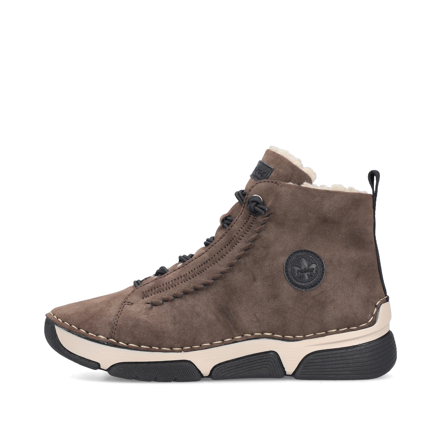 Dunkelbraun-schwarze Rieker Damen Schnürstiefel 45912-25 mit Anflechter-Naht. Schuh Außenseite.