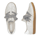 Graue Rieker Damen Slipper L9728-40 mit Gummizug sowie gepolsterter Einlegesohle. Schuh von oben, liegend.