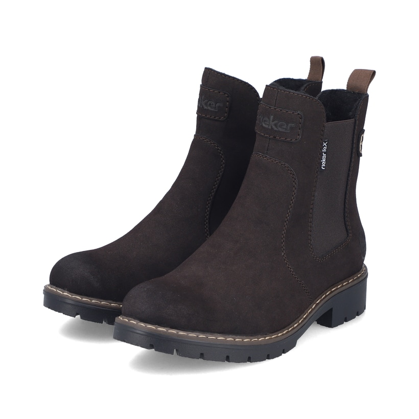 Dunkelbraune Rieker Damen Chelsea Boots Y9160-25 mit einem Reißverschluss. Schuhpaar seitlich schräg.